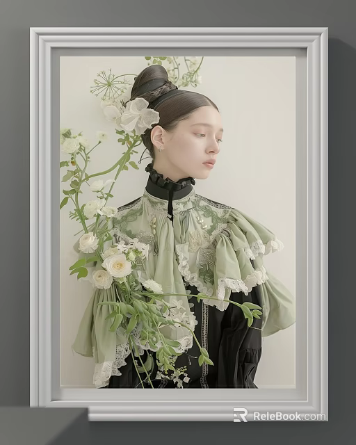Elegant Female Portrait In Green Lace Dress With Black Collar White Flowers And Green Plants 3d model 