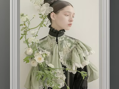 Elegant Female Portrait In Green Lace Dress With Black Collar White Flowers And Green Plants 3d model
