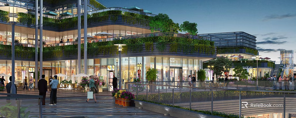 Vibrant Commercial Street with Greenery Covered Buildings Glass Curtain Walls Shops Pedestrians and Night Lighting 3d model 