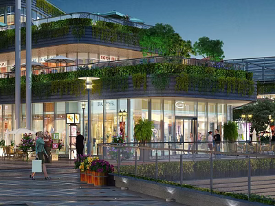 Vibrant Commercial Street with Greenery Covered Buildings Glass Curtain Walls Shops Pedestrians and Night Lighting 3d model
