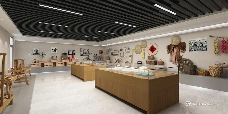 Traditional Artifacts Exhibition Hall With Wooden Display Cases Glass Tops And Wall Decorations 3d model 