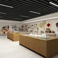 Traditional Artifacts Exhibition Hall With Wooden Display Cases Glass Tops And Wall Decorations