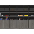 Modern Wooden Bookcase Design Displaying Toy Cars Models and Storage Compartments