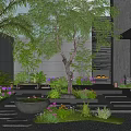 Serene Modern Courtyard Garden With Lush Trees Colorful Flowers Stone Pathways And Water Basin