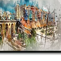 Watercolor Landscape Paintings Four Panel Urban Scenery With Bridge Colorful Buildings And Greenery