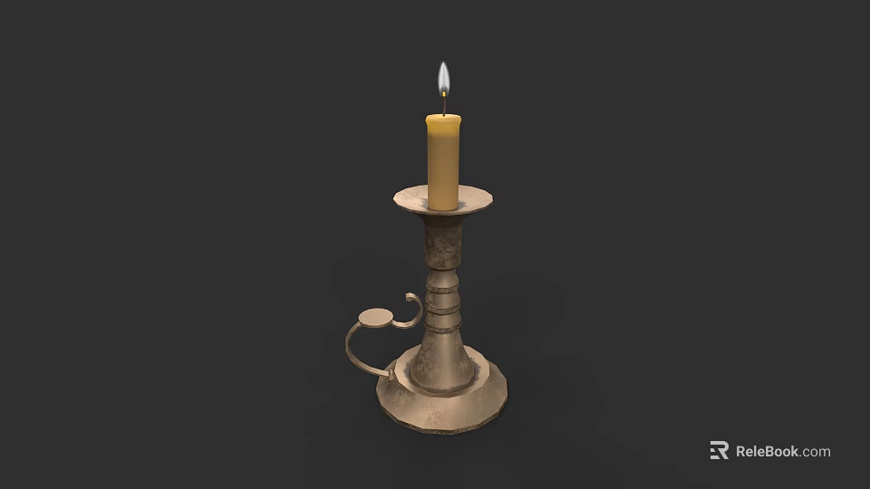 Sculpted Metal Candle Holder With Lit Candle And Intricate Carving Details 3d model 