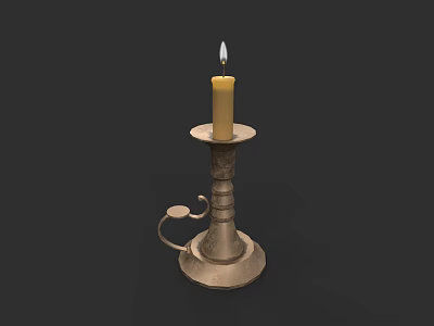 Sculpted Metal Candle Holder With Lit Candle And Intricate Carving Details 3d model