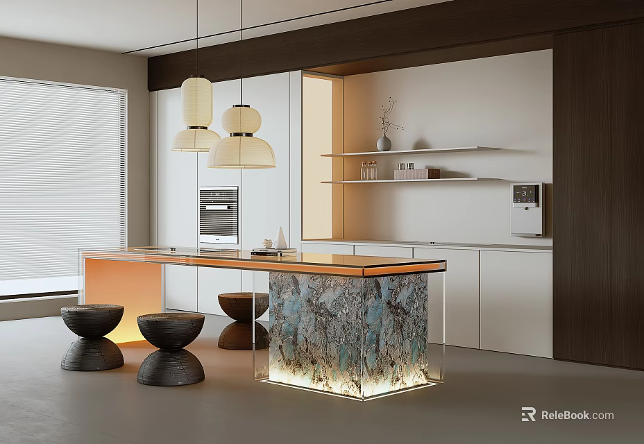 Modern Open Concept Restaurant Interior With Island Counter Pendant Lights And Stools 3d model 