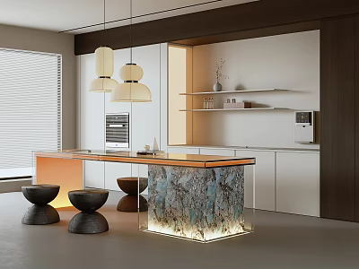 Modern Open Concept Restaurant Interior With Island Counter Pendant Lights And Stools 3d model
