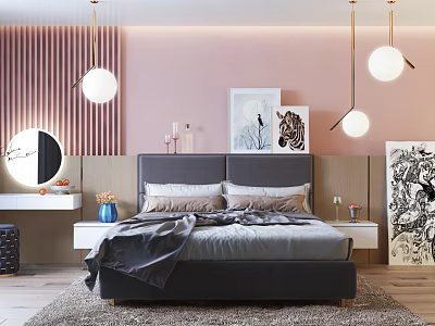 Modern Bedroom Interior With Double Bed Pink Wall Striped Decor And Hanging Lights Bedside Tables 3d model