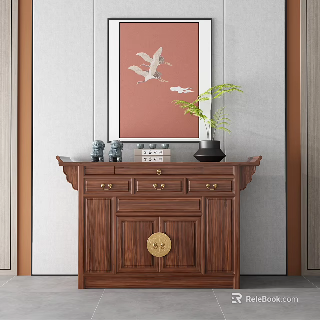 Traditional Chinese Wooden Console Sideboard Cabinet With Drawers Brass Hardware And Green Plant Decor 3d model 