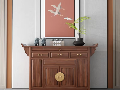 Traditional Chinese Wooden Console Sideboard Cabinet With Drawers Brass Hardware And Green Plant Decor 3d model