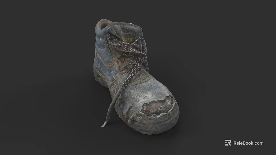 Worn Out Work Boot With Loose Laces And Scuffed Tattered Soles 3d model