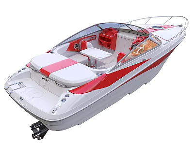 Streamlined White and Red Yacht with Transparent Windshield Red Seats White Table and Stern Engines 3d model