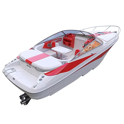 Streamlined White and Red Yacht with Transparent Windshield Red Seats White Table and Stern Engines 3d model