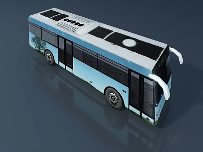 Modern City Bus With Blue White Body Black Windows And Tree Patterns 3d model