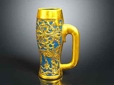Ornate Blue Mug With Gold Accents And Intricate Floral Patterns 3d model
