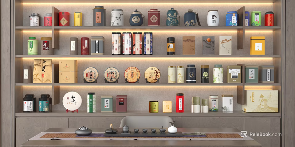 Traditional and Modern Tea Storage Containers with Tea Cakes on Display Shelves 3d model 