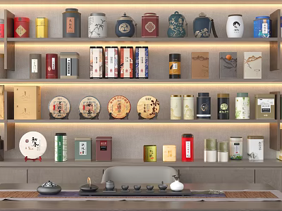 Traditional and Modern Tea Storage Containers with Tea Cakes on Display Shelves 3d model