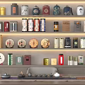 Traditional and Modern Tea Storage Containers with Tea Cakes on Display Shelves