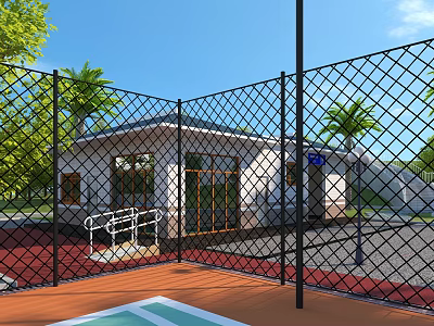 Park Landscape Featuring Building Black Chain Link Fence Palm Trees Red Ground And Glass Doors 3d model