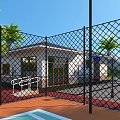 Park Landscape Featuring Building Black Chain Link Fence Palm Trees Red Ground And Glass Doors