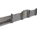 Building Exterior Wall With Gray Stone Decorative Gate Lattice Pattern Metal Railings And Orange Strips