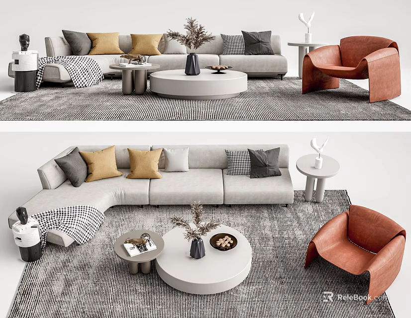 Modern Gray Sofa and Coffee Table Set with Accent Pillows and Brown Leather Accent Chair 3d model 