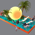 Outdoor Pool Area With Lounge Chairs Palm Trees And People Relaxing