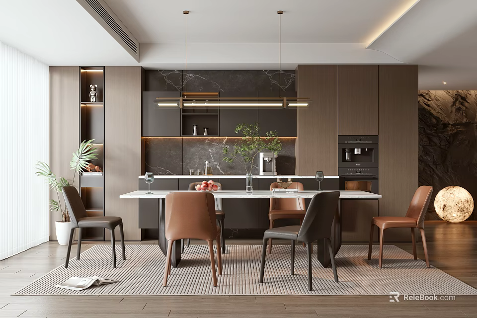 Modern Open Restaurant Interior With Dining Table Chairs Pendant Lights And Plants 3d model