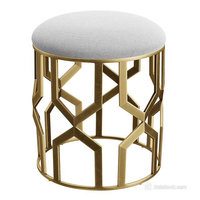 Modern Stylish Stool With Light Gray Padded Seat And Gold Geometric Metal Frame 3d model 