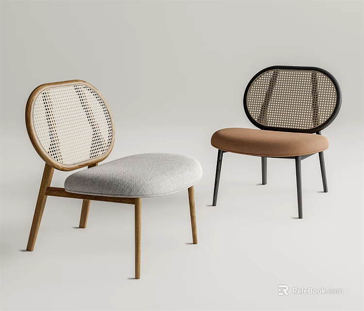 Modern Dining Chairs With Rattan Backrest Wooden And Black Frames Light Gray And Brown Cushions 3d model 