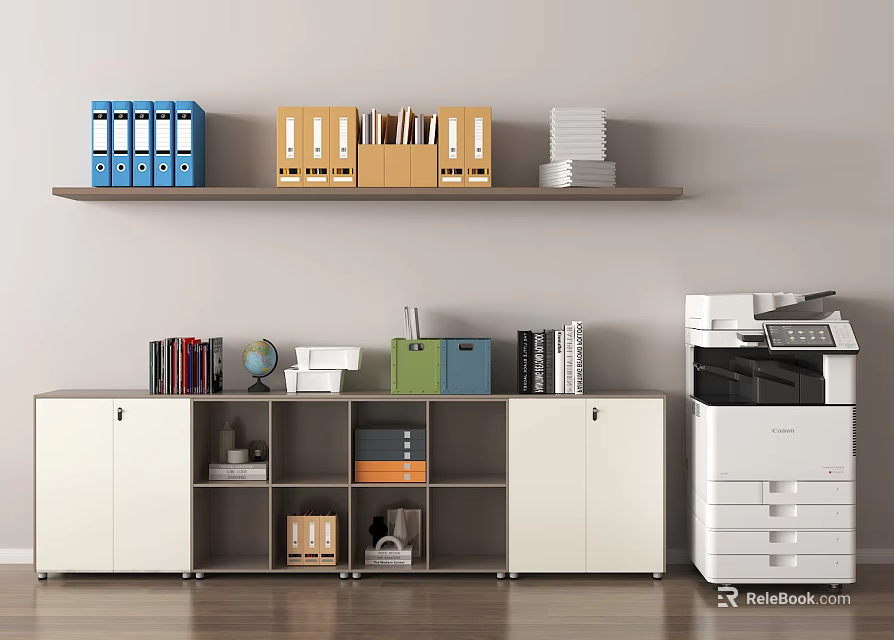 Public Office Area With Storage Cabinet Open Shelves File Folders And Printer 3d model 