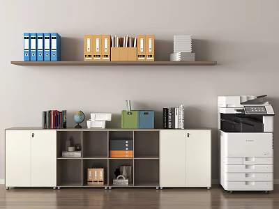 Public Office Area With Storage Cabinet Open Shelves File Folders And Printer 3d model