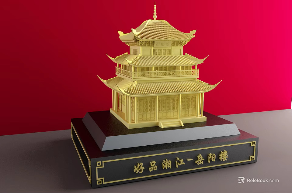 Golden Traditional Chinese Pavilion Sculpture with Multi Tiered Structure and Wooden Base 3d model 