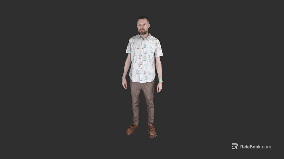 A Man Wearing White Printed Shirt Brown Pants Brown Shoes Against Black Background 3d model 