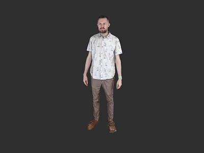 A Man Wearing White Printed Shirt Brown Pants Brown Shoes Against Black Background 3d model