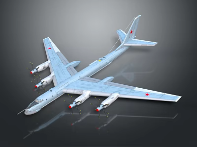 Light Blue Military Aircraft With Red Star Emblems And Four Engines On Large Wings 3d model