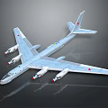 Light Blue Military Aircraft With Red Star Emblems And Four Engines On Large Wings
