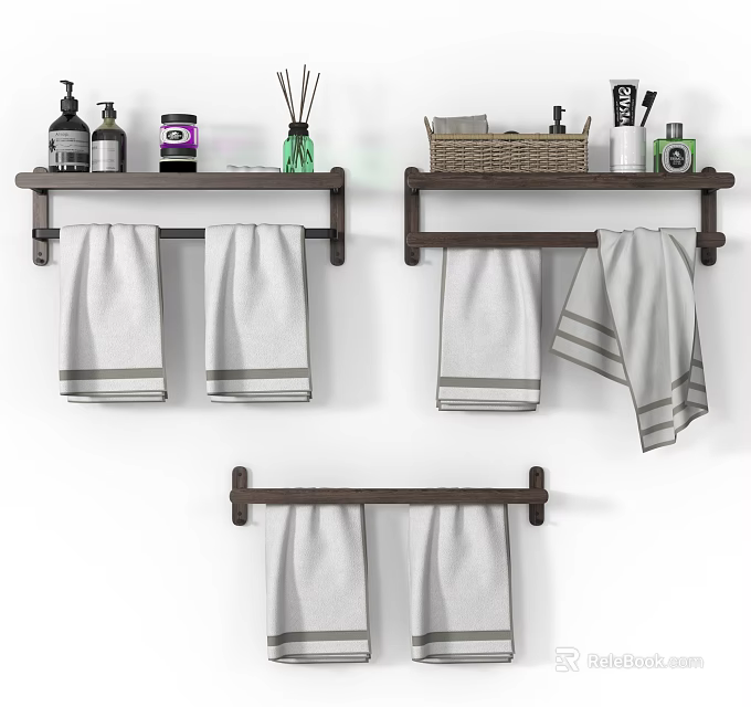 Stylish Bathroom Wall Mounted Shelf With Hanging Towels And Toiletries Storage 3d model 