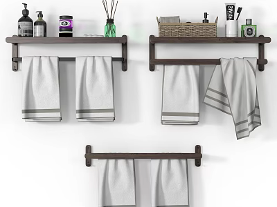 Stylish Bathroom Wall Mounted Shelf With Hanging Towels And Toiletries Storage 3d model