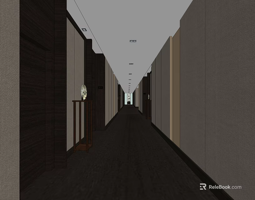 Modern Elevator Corridor Interior With Dark Carpet Flooring Side Walls And Recessed Lighting 3d model
