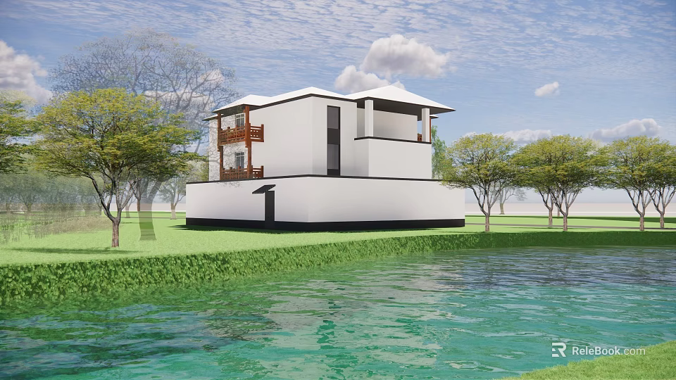 Modern Detached Villa Exterior Design With Waterfront View Green Grass And Trees 3d model 