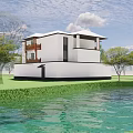Modern Detached Villa Exterior Design With Waterfront View Green Grass And Trees