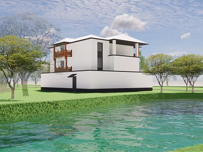 Modern Detached Villa Exterior Design With Waterfront View Green Grass And Trees 3d model