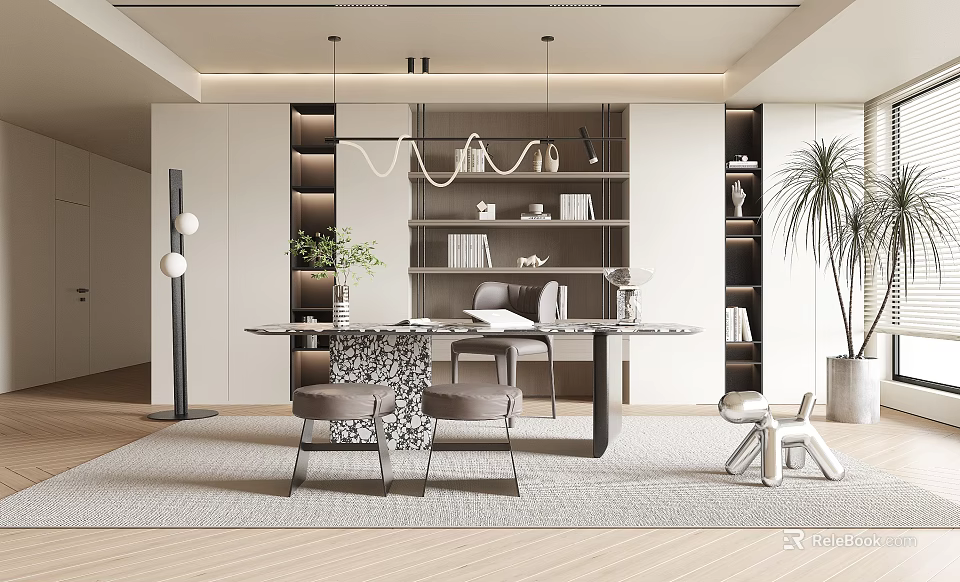 Modern Study Room Interior With Built-in Bookshelves Marble Desk And Pendant Lights 3d model 