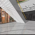 Modern Shopping Mall Store Interior With Geometric Ceiling Escalators And Glass Storefronts