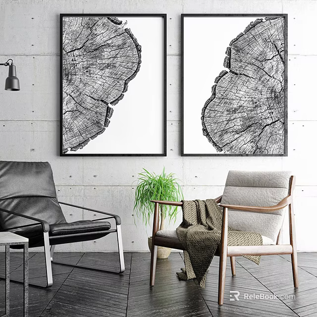 Interior Scene With Black Leather Chair Light Wood Chair Tree Ring Artworks And Green Plant 3d model 