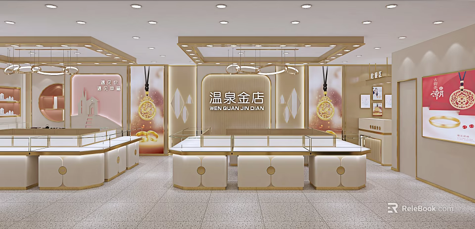 Elegant Gold Jewelry Store Interior With Luxurious Display Counters And Decorative Chandeliers 3d model 