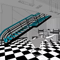 Modern Staircase With Blue Metal Handrail And Black White Checkered Floor